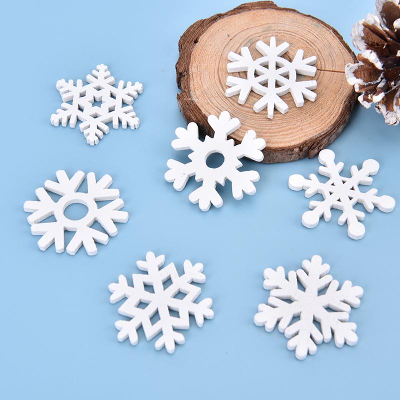 50Pcs Mix Shape Wooden White Snowflakes Christmas Ornaments Xmas Wood Pendants
