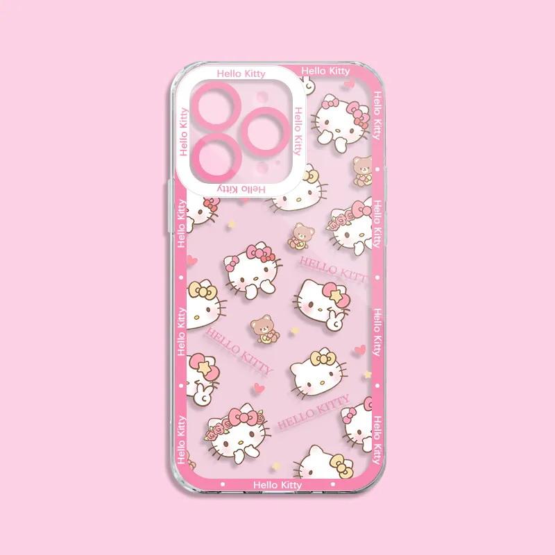 Pink Cute Hello Kitty Phone Case For Iphone 15 14 Pro Max 12 13 MINI PRO MAX 7 8 6 6S Plus XR XS Max SE Transparent INS Cover
