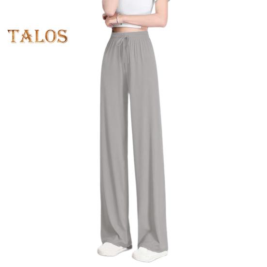 Женские брюки, эластичные повседневные брюки с высокой талией и регулируемым шнурком, однотонные свободные брюки с широкими штанинами, летние тонкие длинные брюки