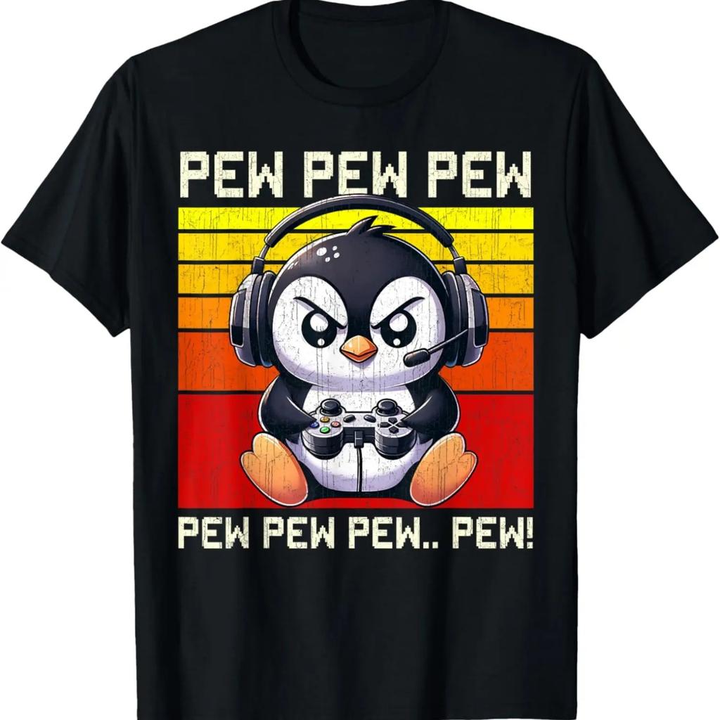 Penguin Gamer Pew Funny Video Games Vintage Boys Men Girls T-Shirt