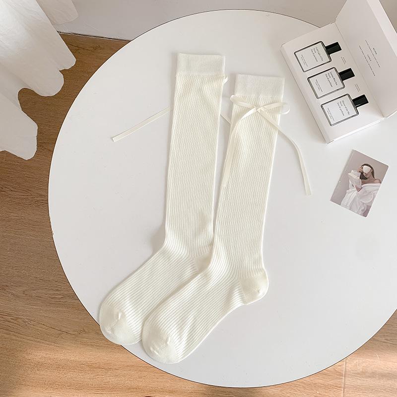Women's White Ballet Style Ribbon Bow Calf Socks - 2025 Spring/Summer Trendy Thin Scrunch Socks