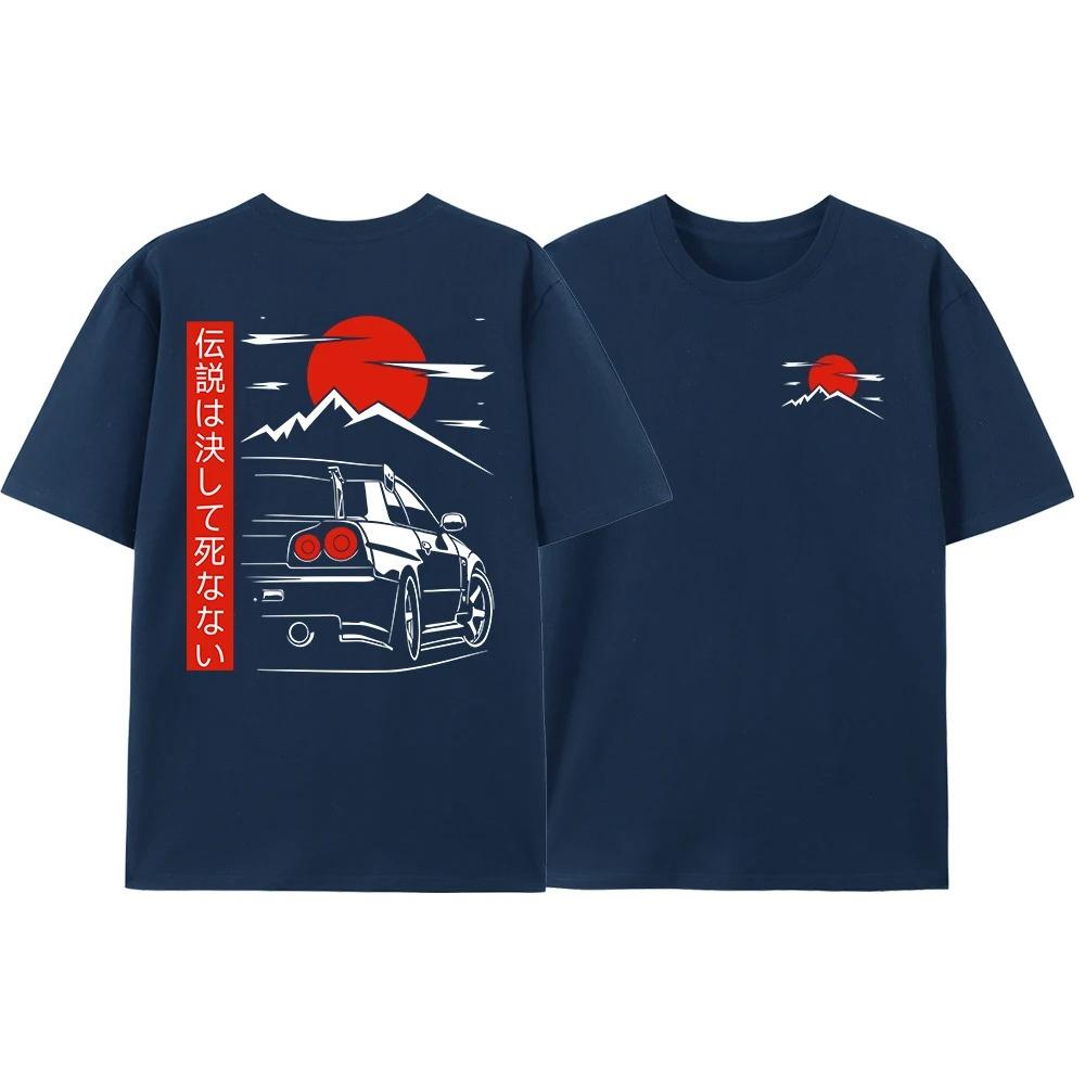 2025 New Japanese Style Car Printed Round Neck Tshirt for Mens Street Large Casual Cotton Outdoor Hip Hop Short Sleeve