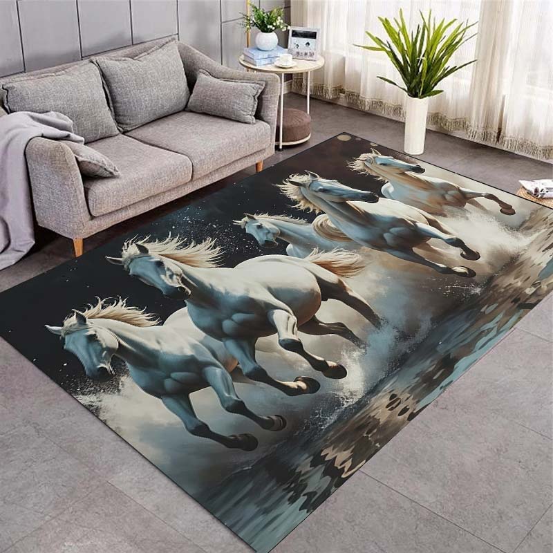 Black Running Horse Area Rug, Fiery Golden Splash Print Non Slip Floor Mat for Living Room Bedroom Home Decor