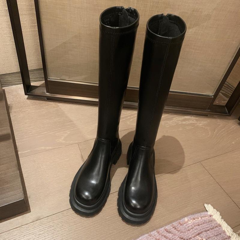 Cowhide Leather Boots Women Thick Legs Thick Bottom Small Back Zipper Knight Boots Tall Boots