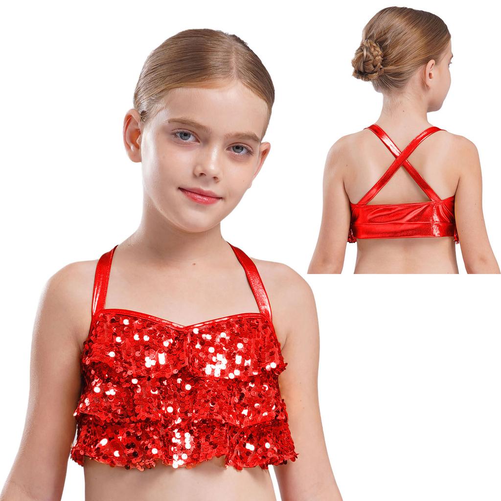 Girls Glittery Sequins Crop Top Tiered Ruffles Cross Back Metallic Camisole for Jazz Dance Performance