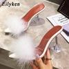 Eilyken 2025 New PVC Transparent Feather High Heels Fur Slippers Woman Peep Toe Mules Lady Pumps Slides White Shoes