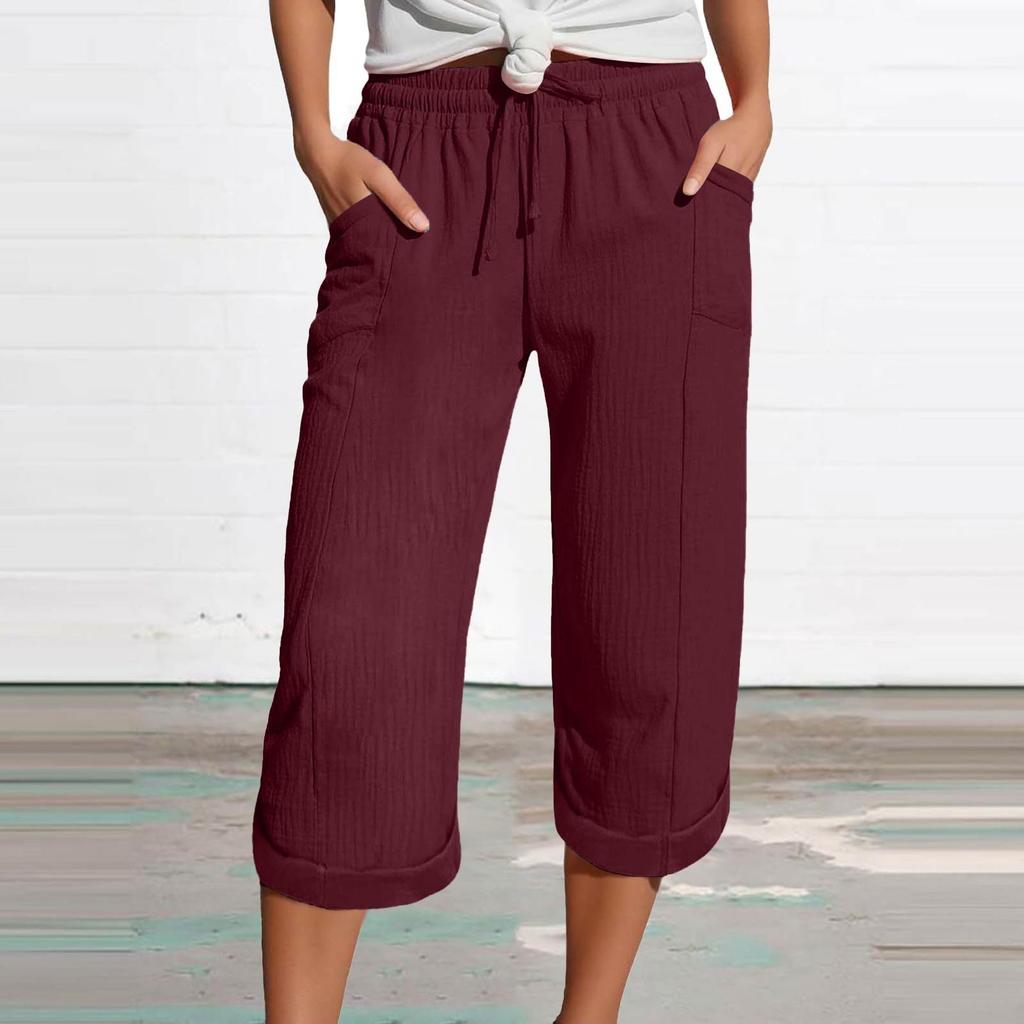 Women's Summer 3/4 Trousers Summer Trousers With Pockets Causal Loose Trousers Fabric Trousers Sport Leisure Beach Trousers