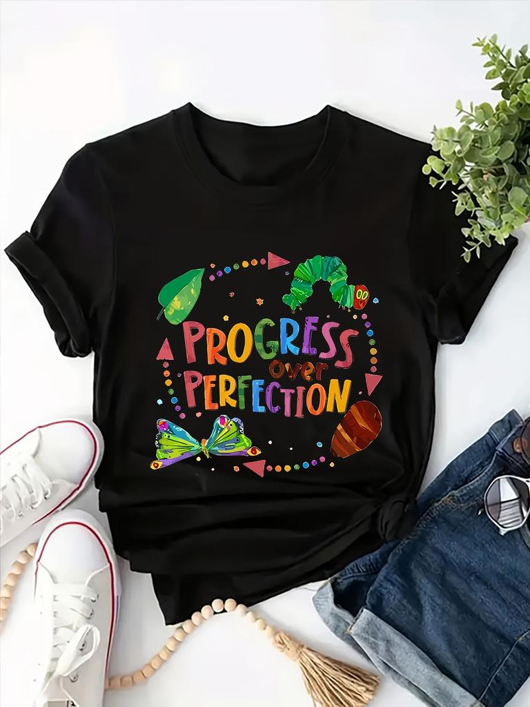Womens PROGRESS Motivational Graphic TShirt Colorful Lettering with Playful Hearts Stars for Aesthetic Clothes