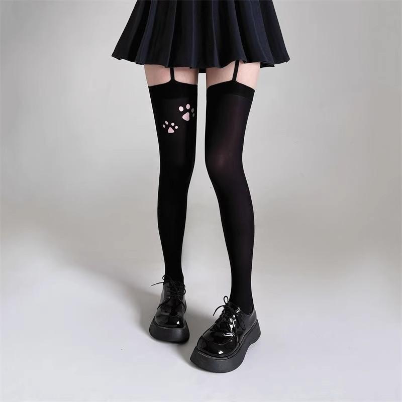 Cat Paw Print Sexy Over-the-Knee Socks with Straps Summer Thin Velvet Long Stockings