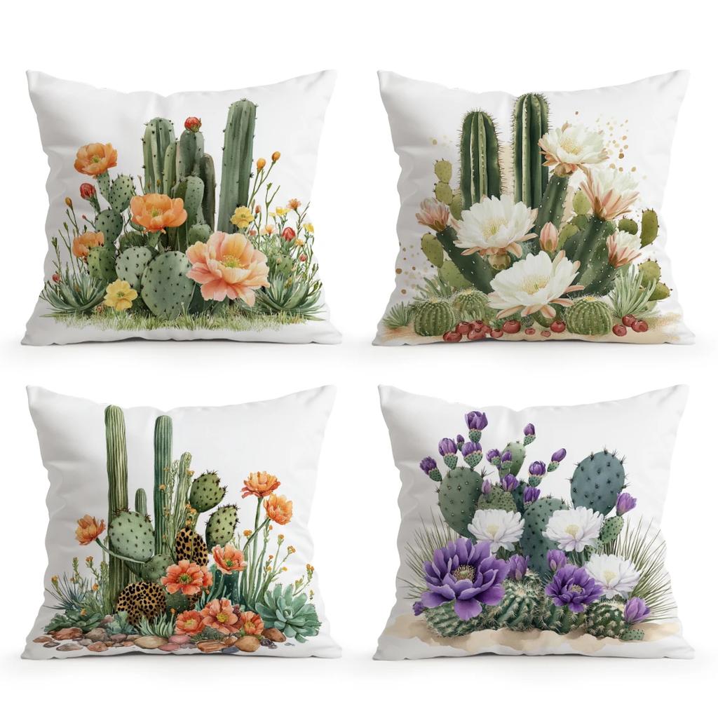 4 Pcs Desert Cactus Single-Sided Printed Pillowcase Cushion Cover,Suitable For Living Room,Bedroom,Car Decoration