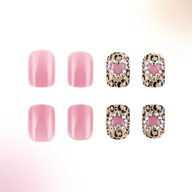 24 Pcs False Nail with Rhinestones Valentines Day Press On Nail Leopard Heart Acrylic Nail Full Cover Stick On Nail