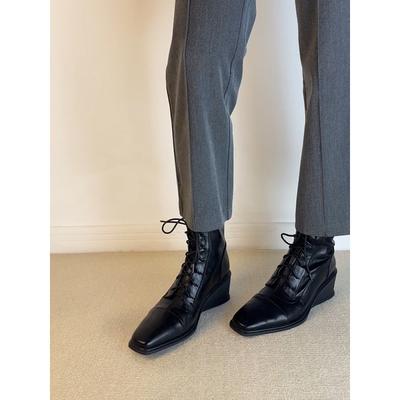 Версия из коровьей кожи~ Тонкие ботильоны на танкетке, в британском стиле, ботинки Мартина, женские, с толстой подошвой, ретро, на шнуровке, эластичные короткие ботинки