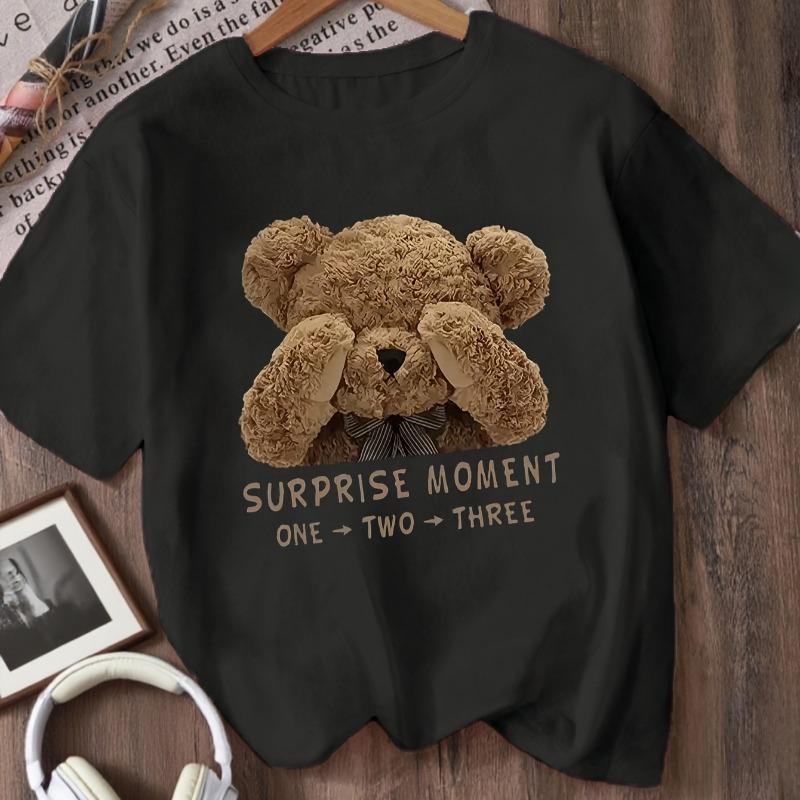 Kids Crewneck Short Sleeve Tee, Cute Bear Covering Face Print Summer Casual Top