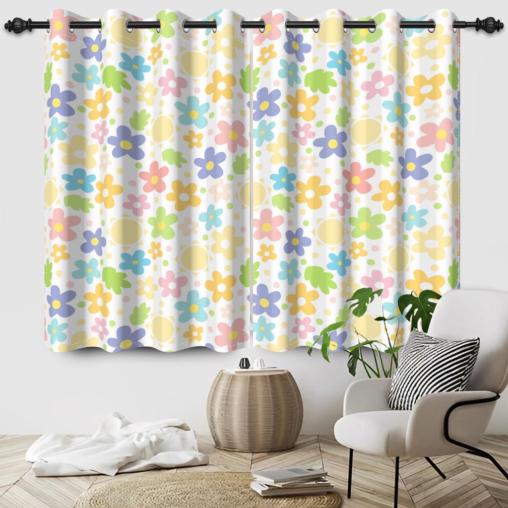 2Pcs Sun Colorful Flowers Window Curtain for Children's Bedroom Blackout and Heat Insulation Grommet Drapes Home Decoration