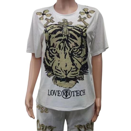 2 Pcs/Set Women T-shirt Pants Set Tiger Print Round Neck Short Sleeves Top Ankle-banded Elastic Waist Trousers Casual Daily Wear Outfit