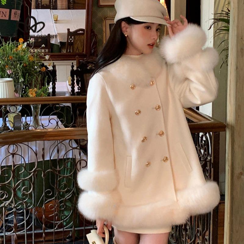 Fall and Winter New Court Style Imitation Fox Hair Splicing Double-breasted Celebrity Thickened Tweed Coat Jacket