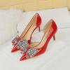 Korean-Style Pointed Stiletto Heels - Patent Leather Rhinestone Bow Design