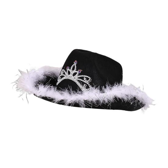 Cowgirl Hat Rhinestone Crown Decor Furry Ripped Edge Windproof Chin Rope Large Brim Sun