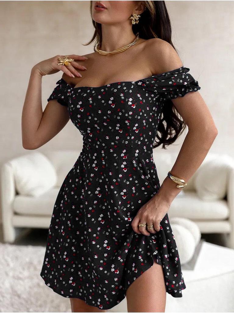 Европейское и американское летнее платье с цветочным принтом, пышными рукавами и квадратным вырезом, подчеркивающее талию