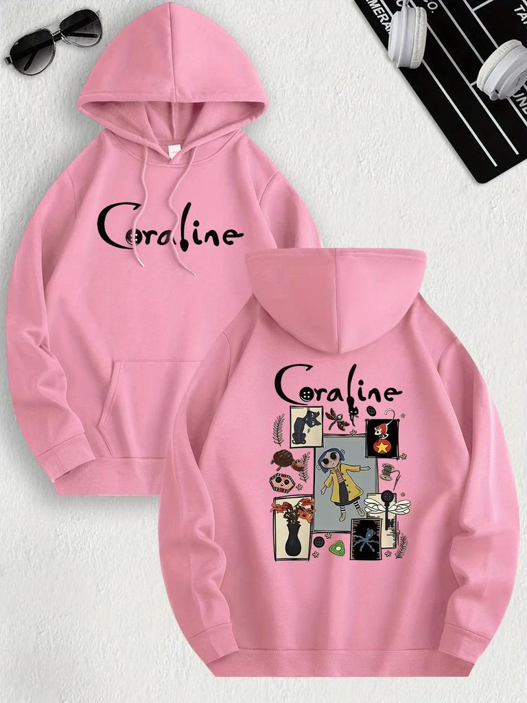 Coraline Inspired Casual Hoodie for Women's Polyester Knit Fabric Long Sleeve Regular Fit Hooded Pullover with Slight Stretch
