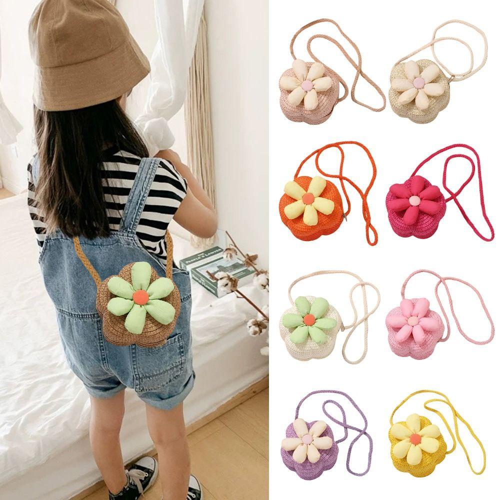 Cute Handmade Kids Straw Bag Flower Shape Woven Crossbody Bag Summer Beach Bag for Children Girls