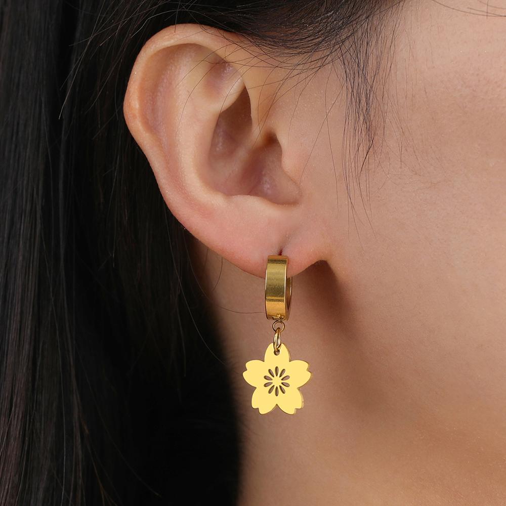 Cazador Gold Color Sakura Flower Pendant Earrings for Women Stainless Steel Jewelry Drop Earrings Mother's Day Gift