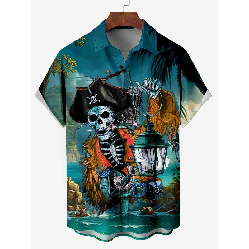 Мужская гавайская рубашка с рисунком скелета пирата капитана шторма парусного спорта с рисунком из мультфильма рубашка с коротким рукавом летние свободные пляжные рубашки для мальчика