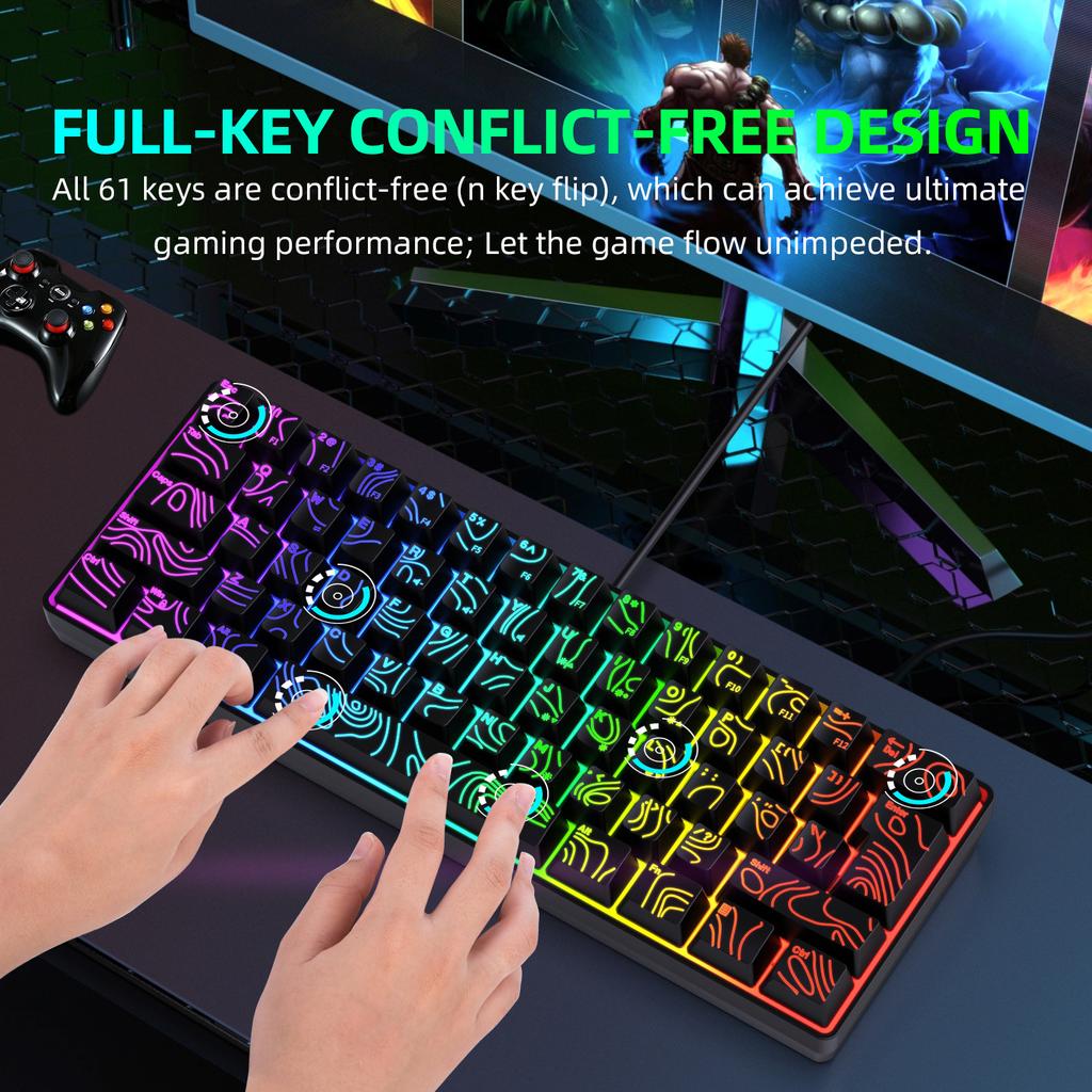 Y-FRUITFUL K401 61 Клавиша Игровая Клавиатура с RGB Подсветкой 1,8 м Проводная Механическая Клавиатура для ПК/Ноутбука