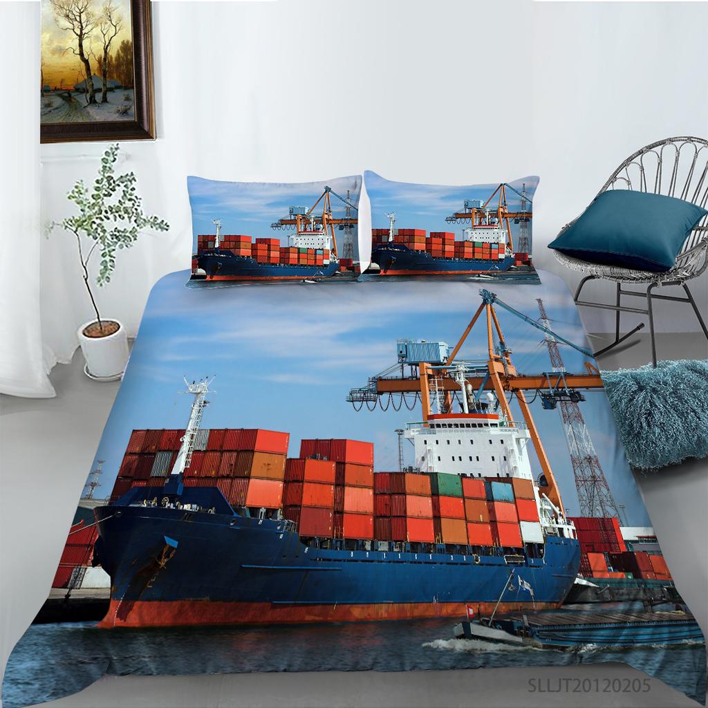 3D Ship Duvet Cover Set King Queen Size Large Freighter Container Print Bedding Set Blue Sea 2/3pcs Polyester Comforter Cover