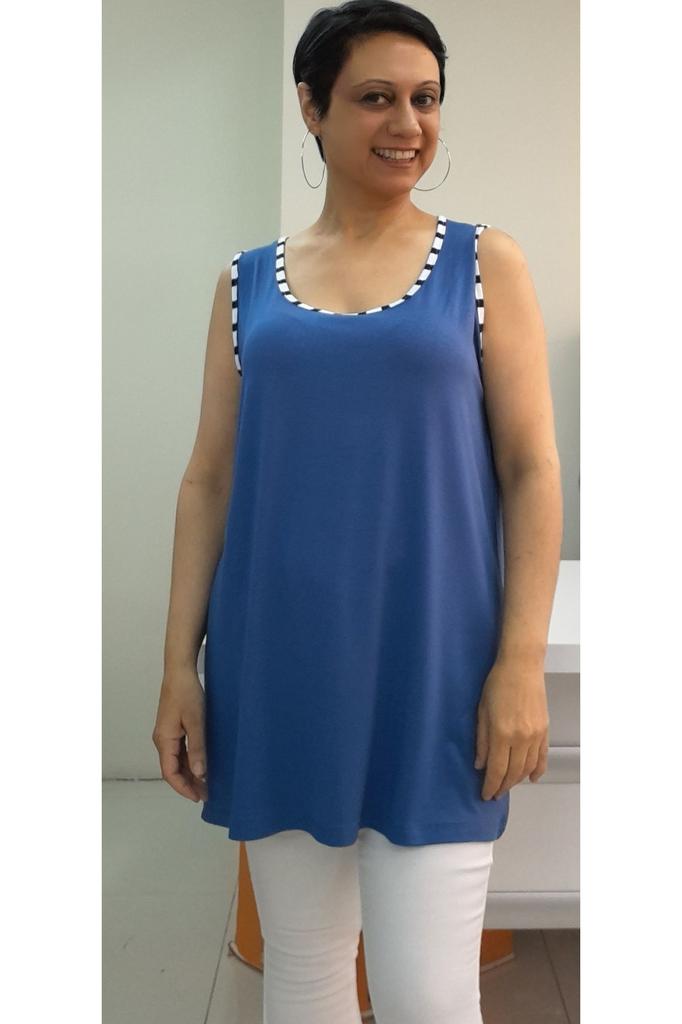 Women's Style Big Size T-Shirt Indigo Thick Strap Combed Cotton Viscose T-Shirt With Piping Detail