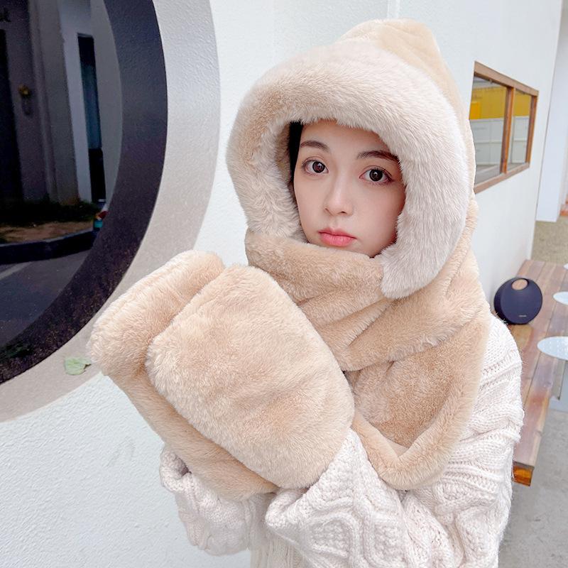 Женский зимний комплект из шапки и шарфа: Теплый, толстый плюш, устойчивый к холоду, с перчатками для велоспорта.