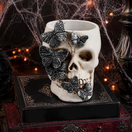 Halloween Gift Idea Gothic Skull Pen Holder, Spooky Butterfly Makeup Brush Desk Organizer Organizer, Desktop Pencil Cup for Home Office Decor
