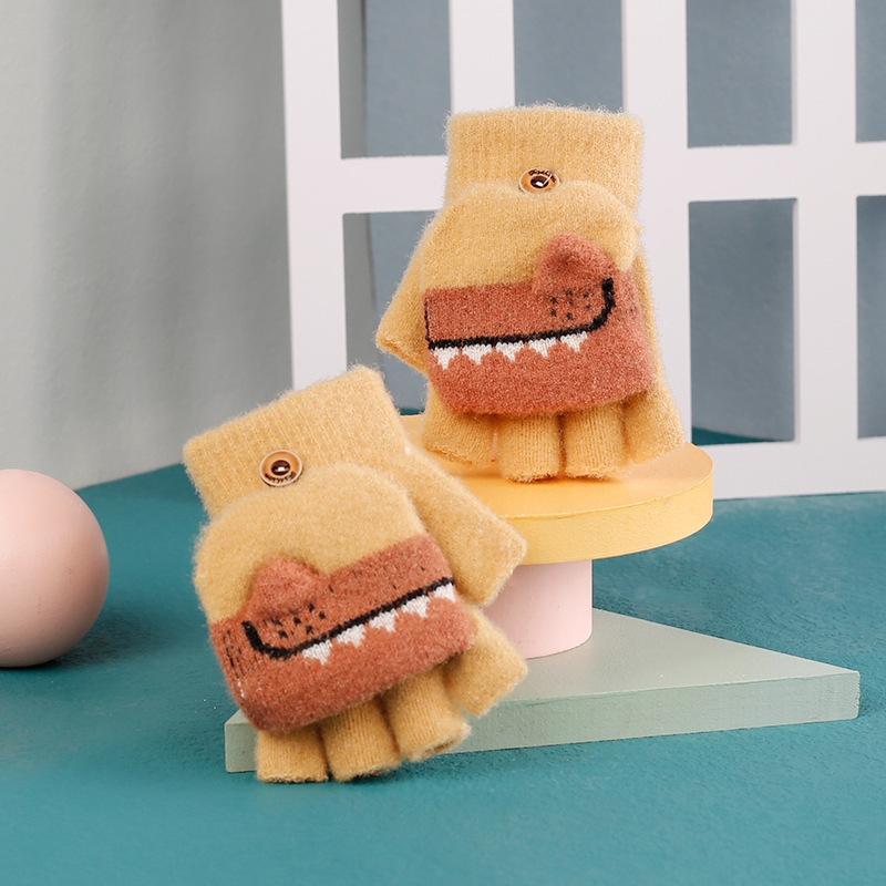 Toddler Kids Winter Knitted Fingerless Cartoon Gloves Thick Warm Outdoor Writing Convertible Flip Top Half Finger Mittens