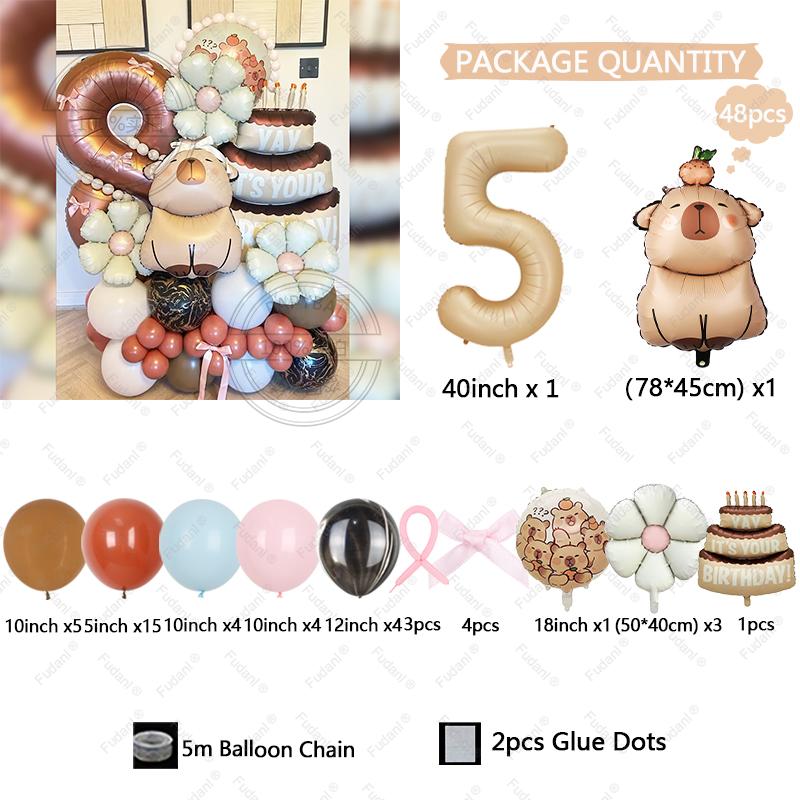 48pcs Kawaii Capybara Cake Theme Aluminium Film Balloon Kids Children Birthday Balloon Toy Baby Shower Decoration Supplies