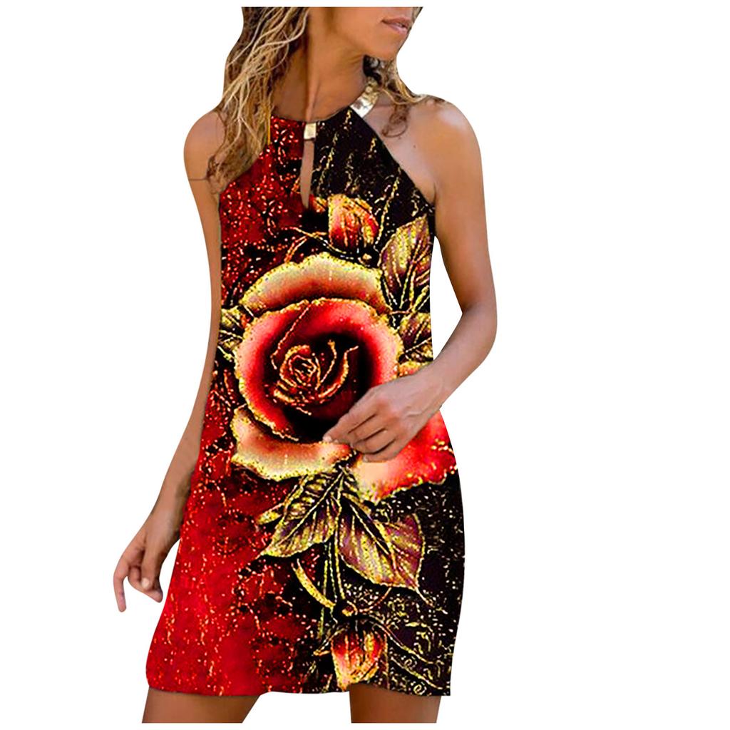 Women Summer Fashion Casual Sexy Printing Sleeveless Loose Dress