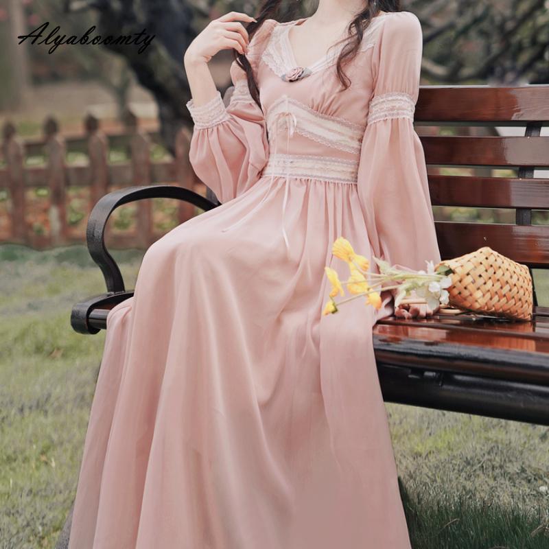 Весенне-осеннее женское сказочное розовое платье миди с v-образным вырезом, кружевное лоскутное платье с бантом и цветочным принтом, элегантное женское шифоновое платье трапециевидной формы