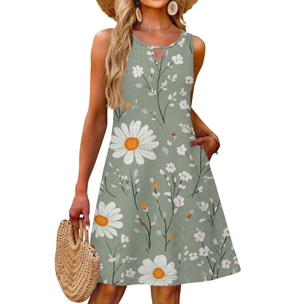 Ladies Fashion Casual Summer Floral Print Dress With Pocket Beach Holiday Vest Dress