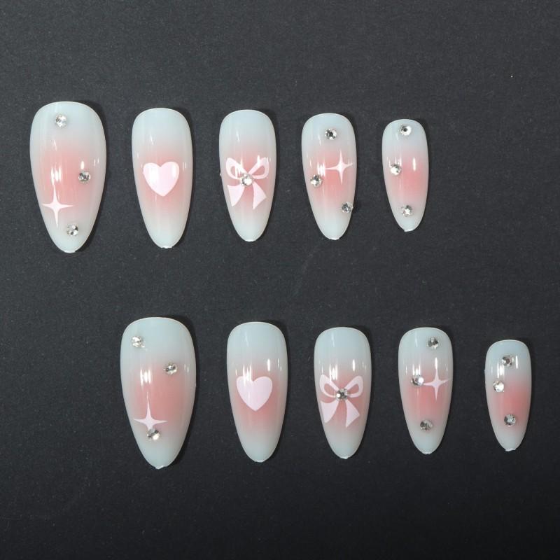 Almond Shape Press-On Nails With Heart Motif Bow Rhinestone Decor Sweet Style Gel Adhesive Or Jelly Glue