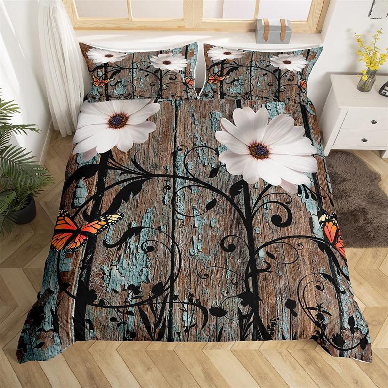 Dandelion Floral Duvet Cover King Queen Wooden Plank Farmhouse Comforter Cover Microfiber Dragonfly Botanical Weed Bedding Set