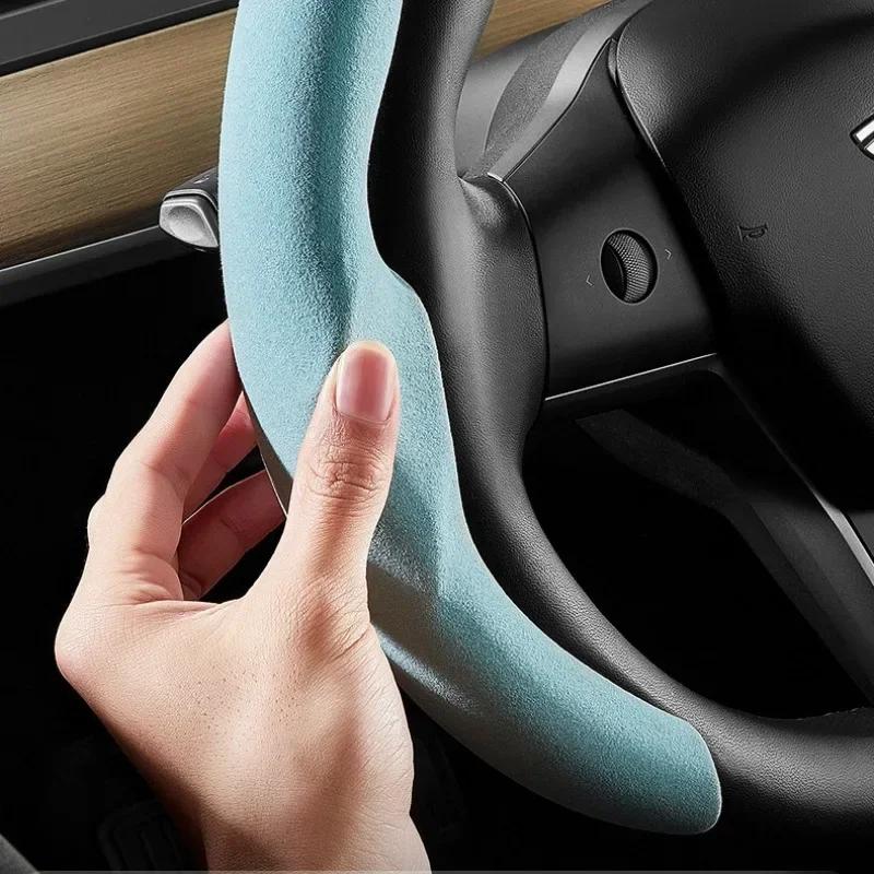 Suitable for Tesla Model3/Y Steering Wheel Cover Carbon Fiber Suede 38cm Steering Wheel Cover Cute Interior Accessories for Cars