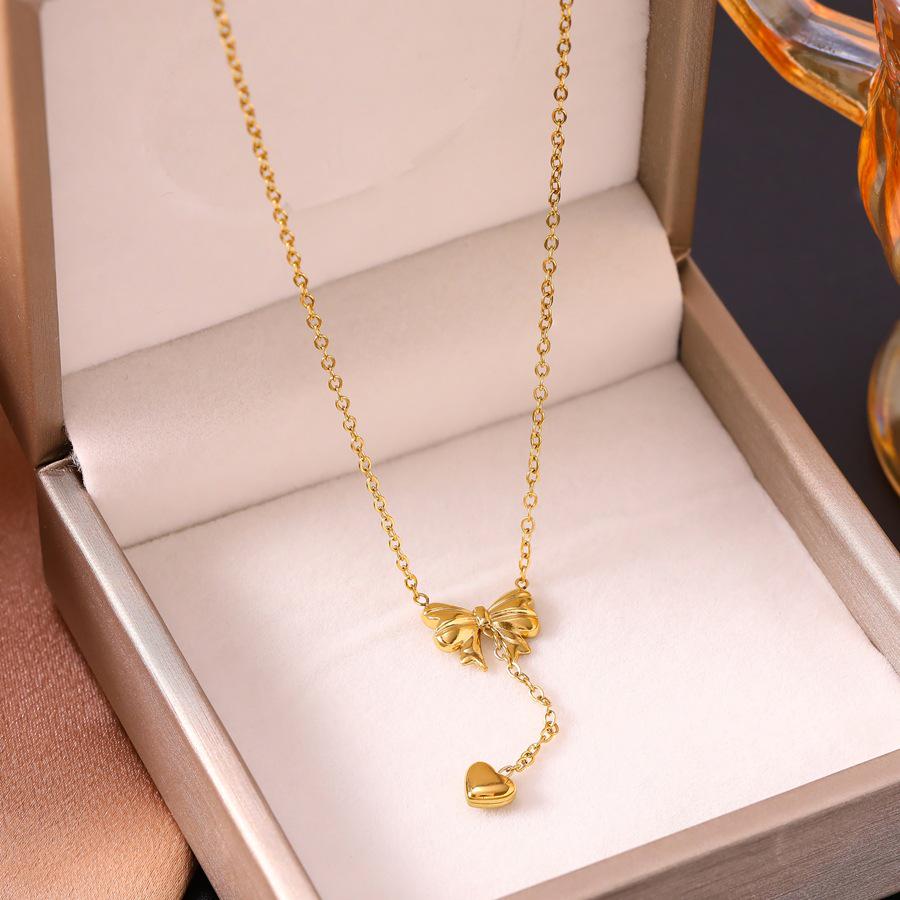 European & American Fashion Titanium Steel Princess Bow Heart Tassel Necklace - Light Luxury Sweet Style