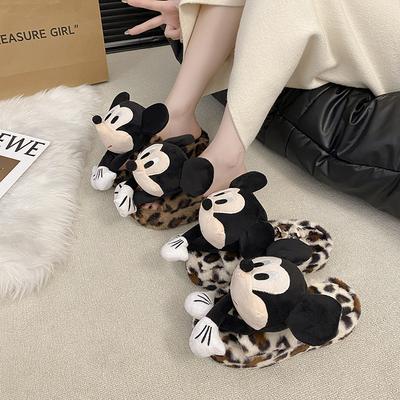 Милые мультяшные хлопковые тапочки с Микки для женщин, новинка 2025 года, осенне-зимние, для дома, теплые, пушистые тапочки для улицы, на толстой подошве