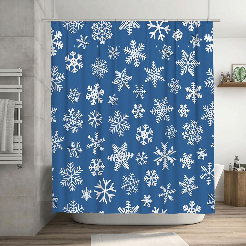 Blue White Snowflake Shower CurtainWaterproof, Non-Slip Bathtub Cover for Home Decor Washable Fabric with Hook Rings Set (89 X 7