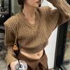 Autumn Knitted Twist Sweaters Korean Fashion V Neck Women Cropped Sweater Casual Pullover Shoulder Padded Long Sleeve Tops 28836
