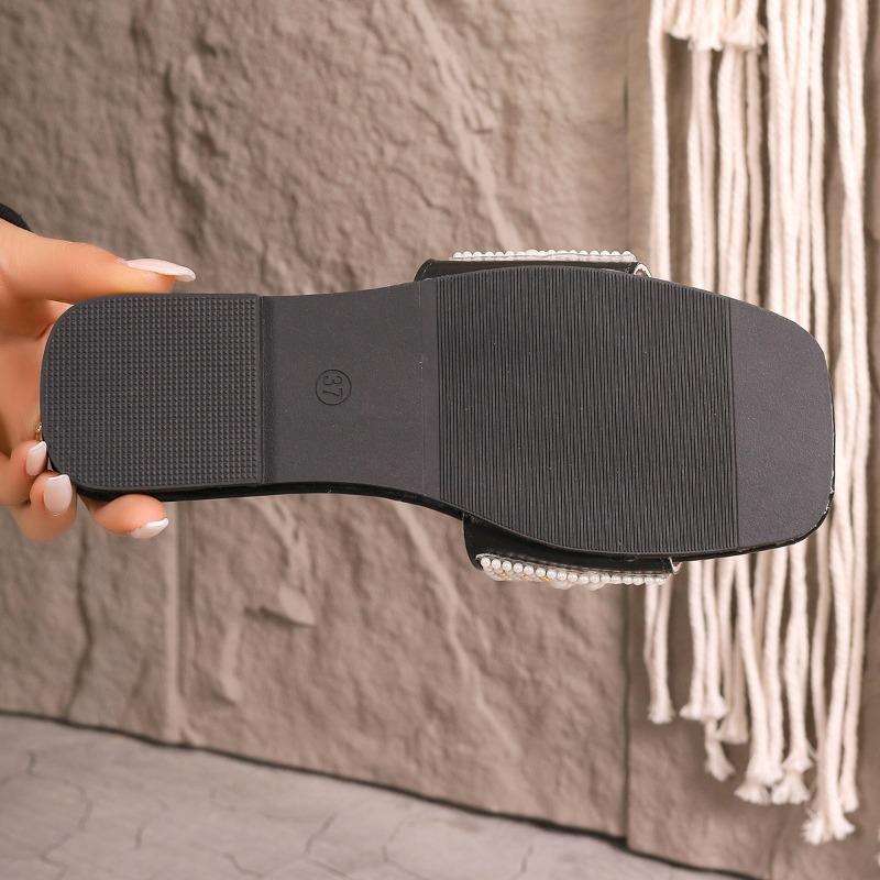 Женские сандалии-слайды большого размера в корейском стиле, однотонные, с квадратным носком, на плоской подошве, со стразами