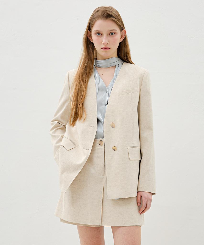 Olive Des Olive Linen Blend Collarless V-Neck Jacket Ow6Mj3010