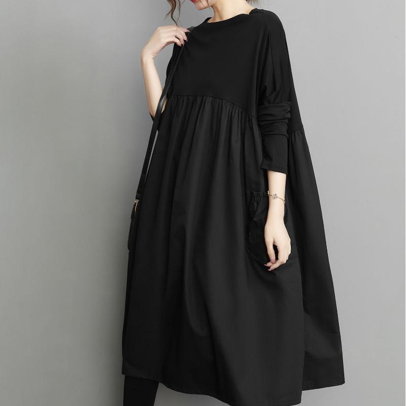 Long Sleeve Black Big Pocket Patchwork Dresses for Women Loose Casual Vintage Dress Fashion Elegant Clothing Spring Autumn 2025