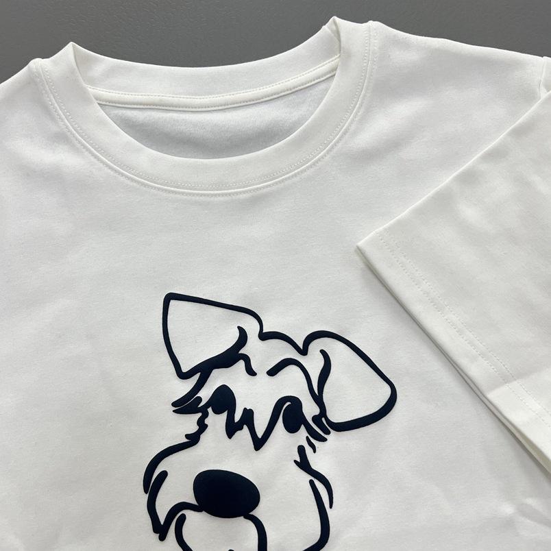 Women's White Round Neck Puppy Print T-Shirt - Short Sleeve, Loose, Versatile, Slimming Top for Spring/Summer