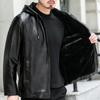 Warm Hooded Faux Leather Jacket Stylish Men's Faux Leather Jacket with Velvet Lining Hooded Drawstring Zipper Placket for Winter