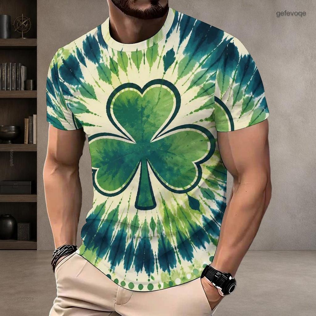 Men Plus Size Round Neck Short Sleeve Clover Printed Dark Green T Shirt Pullover Straight Hem